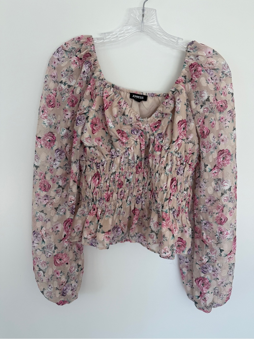 Express Beige Floral Smocked Blouse